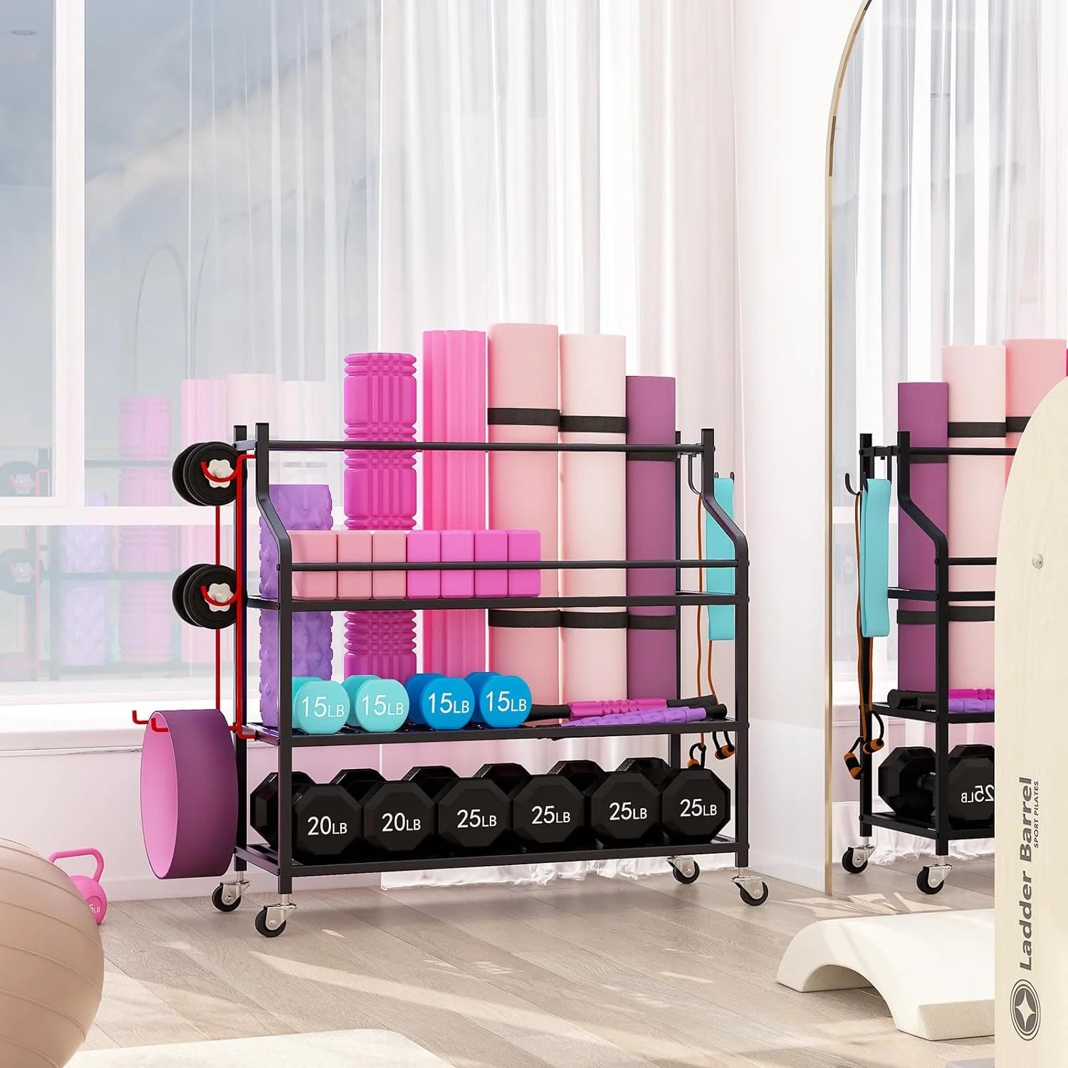 Dumbbells Rack Yoga Mat Storage Cart Multifunctional Removable Storage Rack for Kettlebells and Strength Training Fitness Equipment,Home Gym Organizer Storage for Home Exercise Equipment