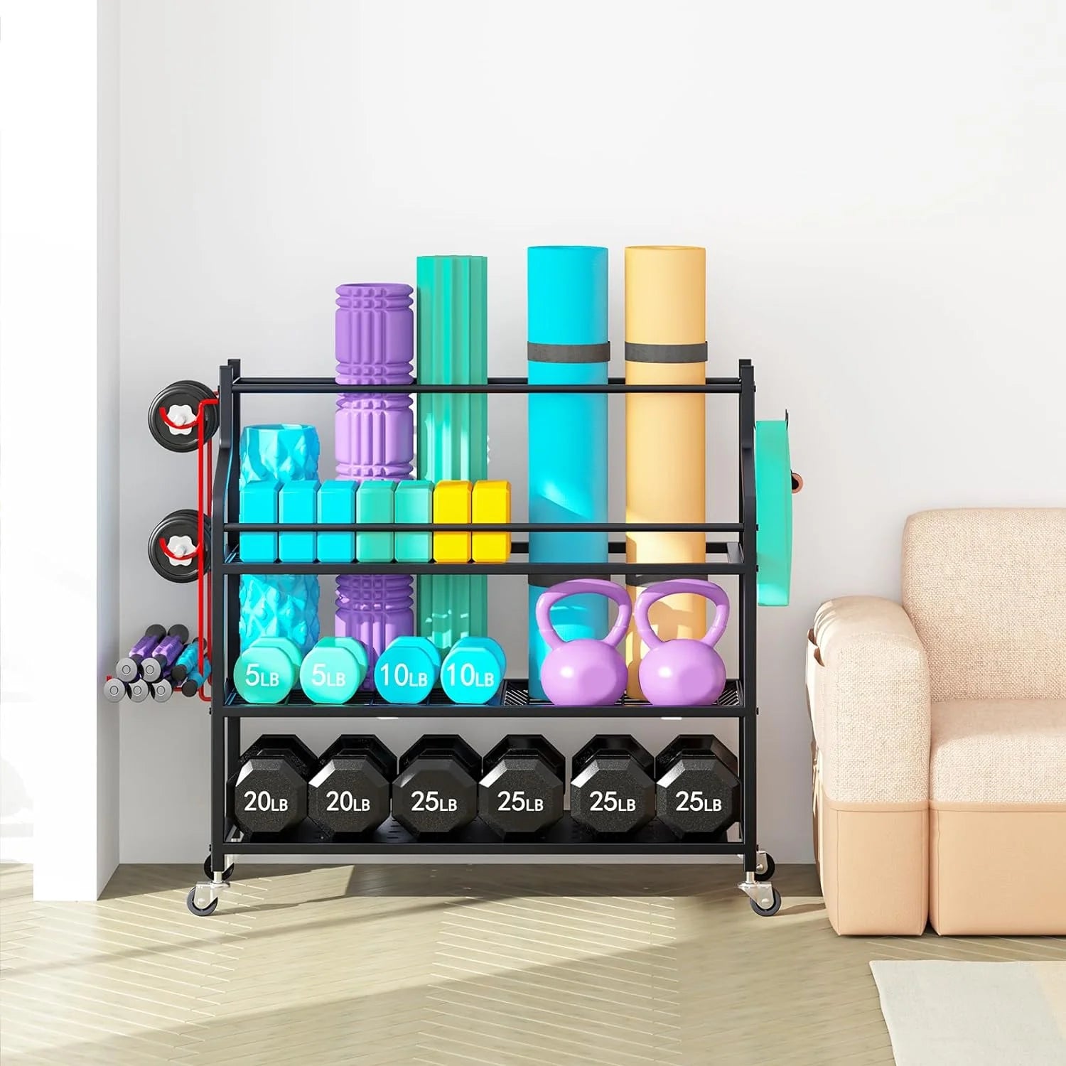 Dumbbells Rack Yoga Mat Storage Cart Multifunctional Removable Storage Rack for Kettlebells and Strength Training Fitness Equipment,Home Gym Organizer Storage for Home Exercise Equipment