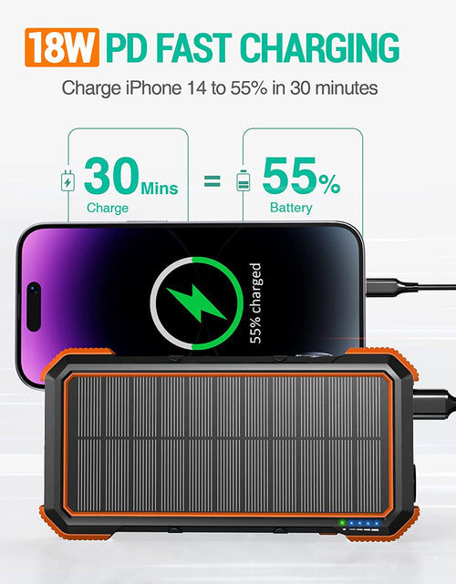 Load image into Gallery viewer, Solar Power Bank, 𝗣𝗗𝟭𝟴𝗪 𝐐𝐂𝟑.𝟎 Fast Charging 10W Wireless Charger 20000Mah Solar Powered Powerbank with Type C Input/Output, IPX5 Waterproof, Camping Flashlight, Compass, Carabiner
