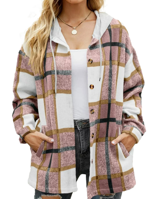 Load image into Gallery viewer, Flannel Shirts for Women Button down Plaid Shirt Hooded Shacket Jacket with Pocket
