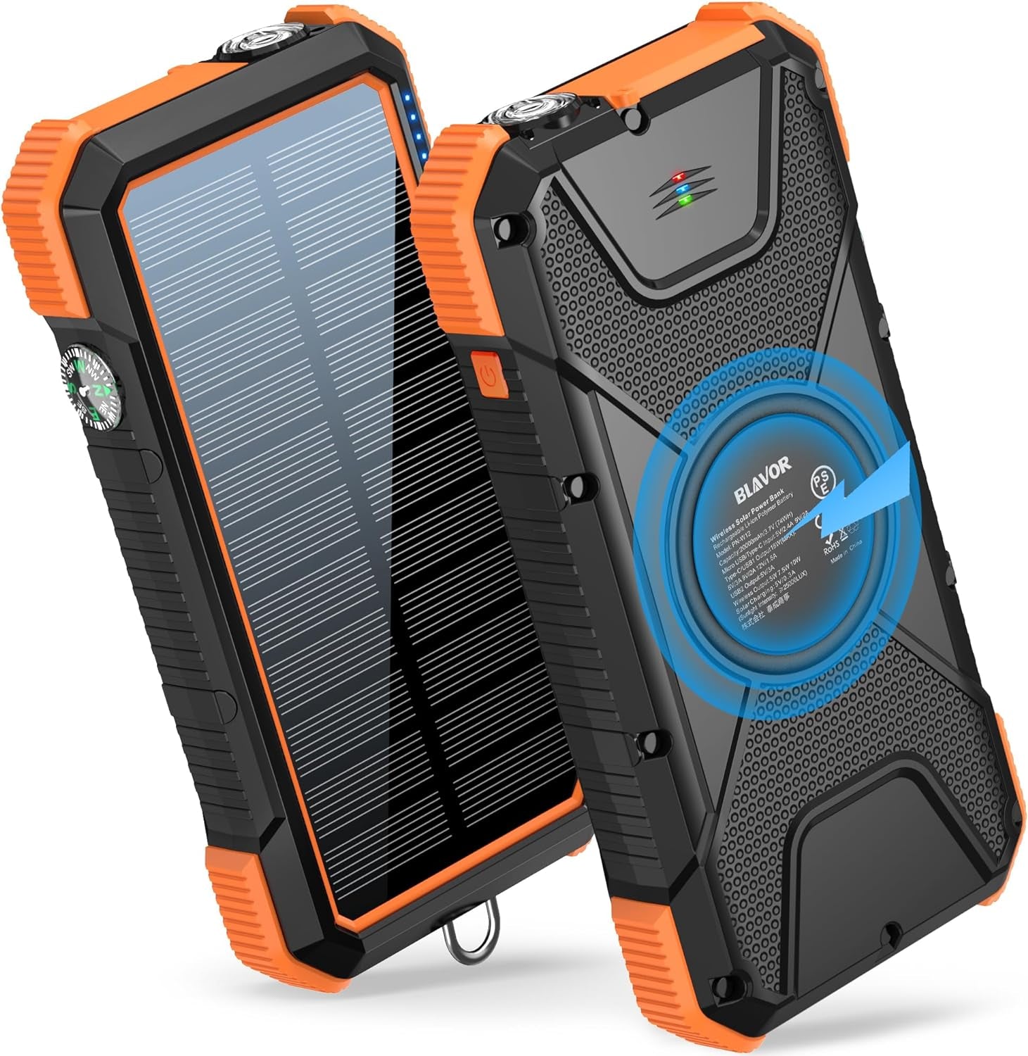 Solar Power Bank, 𝗣𝗗𝟭𝟴𝗪 𝐐𝐂𝟑.𝟎 Fast Charging 10W Wireless Charger 20000Mah Solar Powered Powerbank with Type C Input/Output, IPX5 Waterproof, Camping Flashlight, Compass, Carabiner