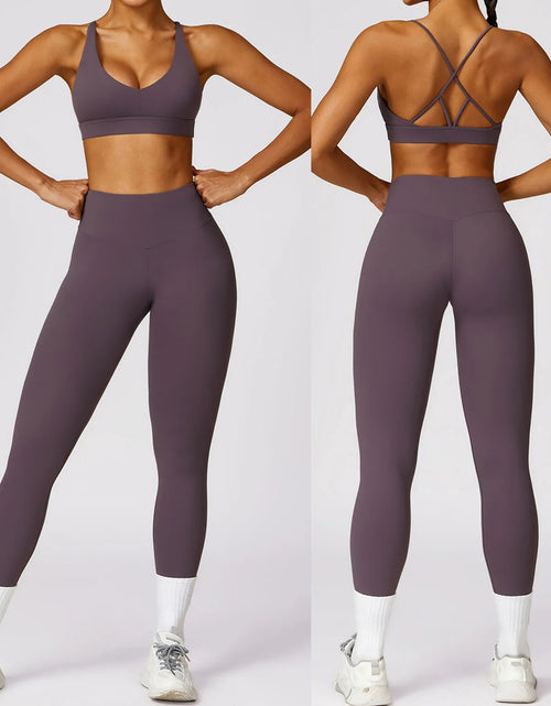 Load image into Gallery viewer, 2Pcs Fitness Set Women Breathable Gym Yoga Sport Sportswear Sexy Sport Bra Top High Waist Leggings Suit Purple Workout Tracksuit
