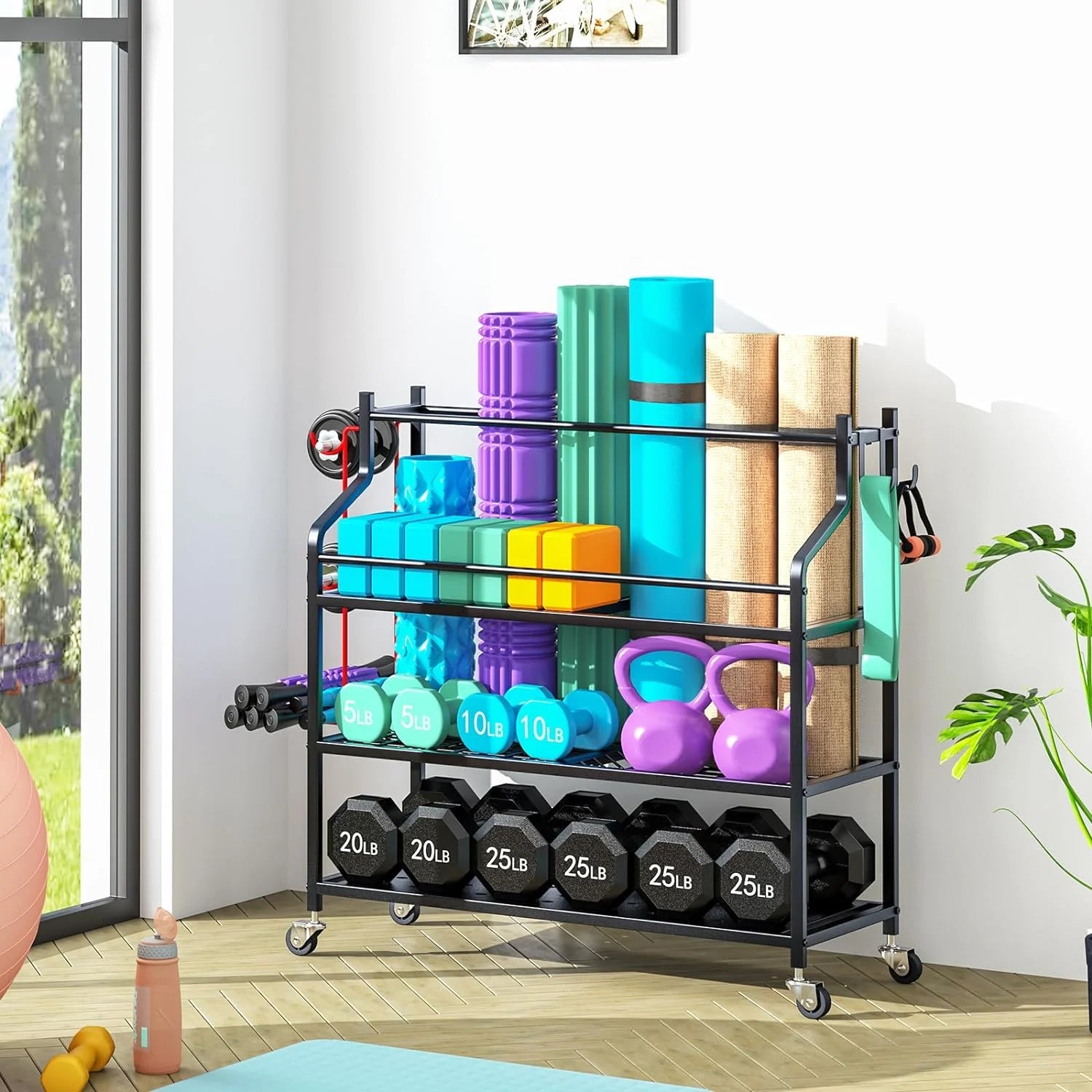 Dumbbells Rack Yoga Mat Storage Cart Multifunctional Removable Storage Rack for Kettlebells and Strength Training Fitness Equipment,Home Gym Organizer Storage for Home Exercise Equipment