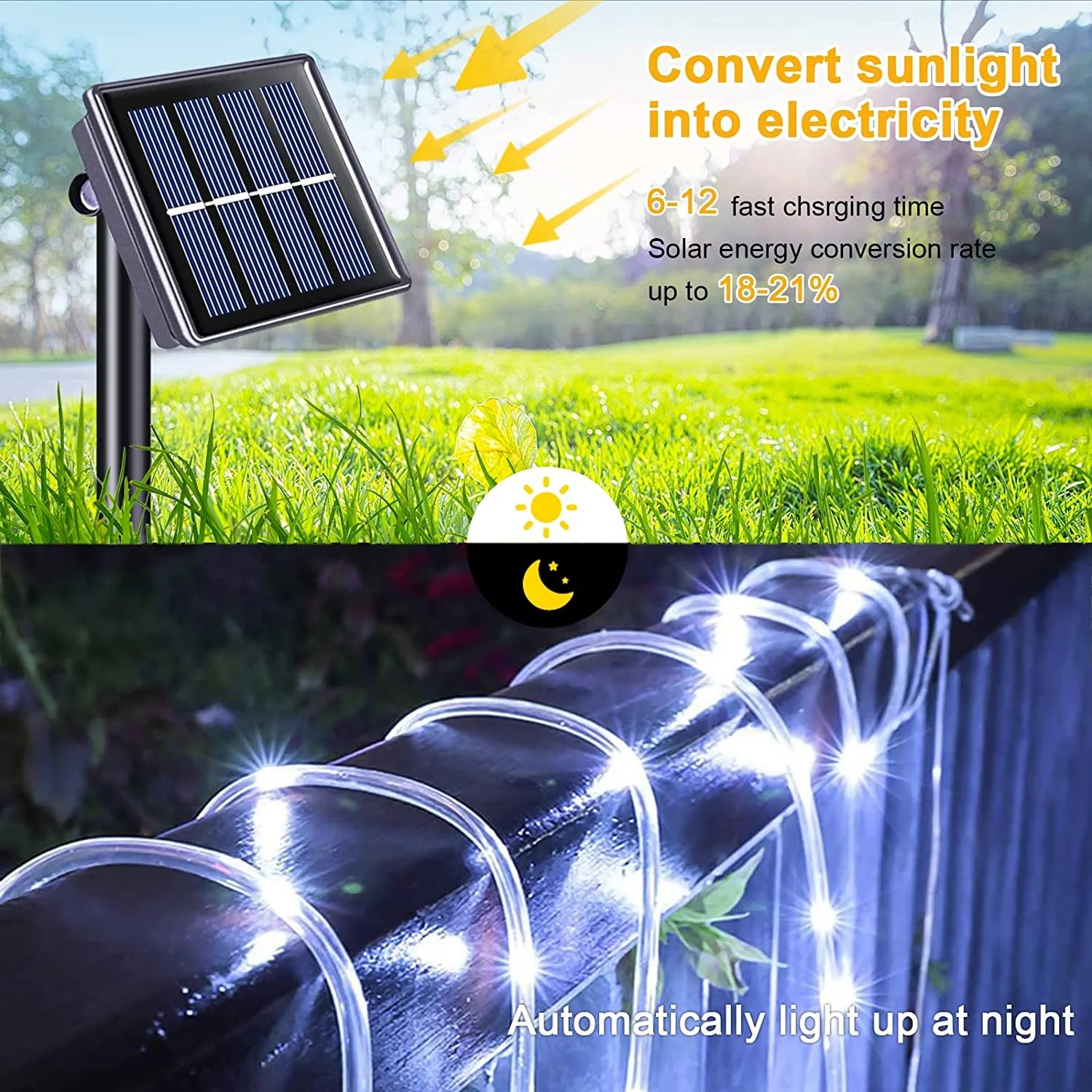 33Ft 100 LED Solar String Rope Lights, 8 Modes Solar Rope Lights Outdoor IP65 Waterproof for Fence,Gazebo,Yard,Walkway,Path,Garden Decor, 2PACK, White