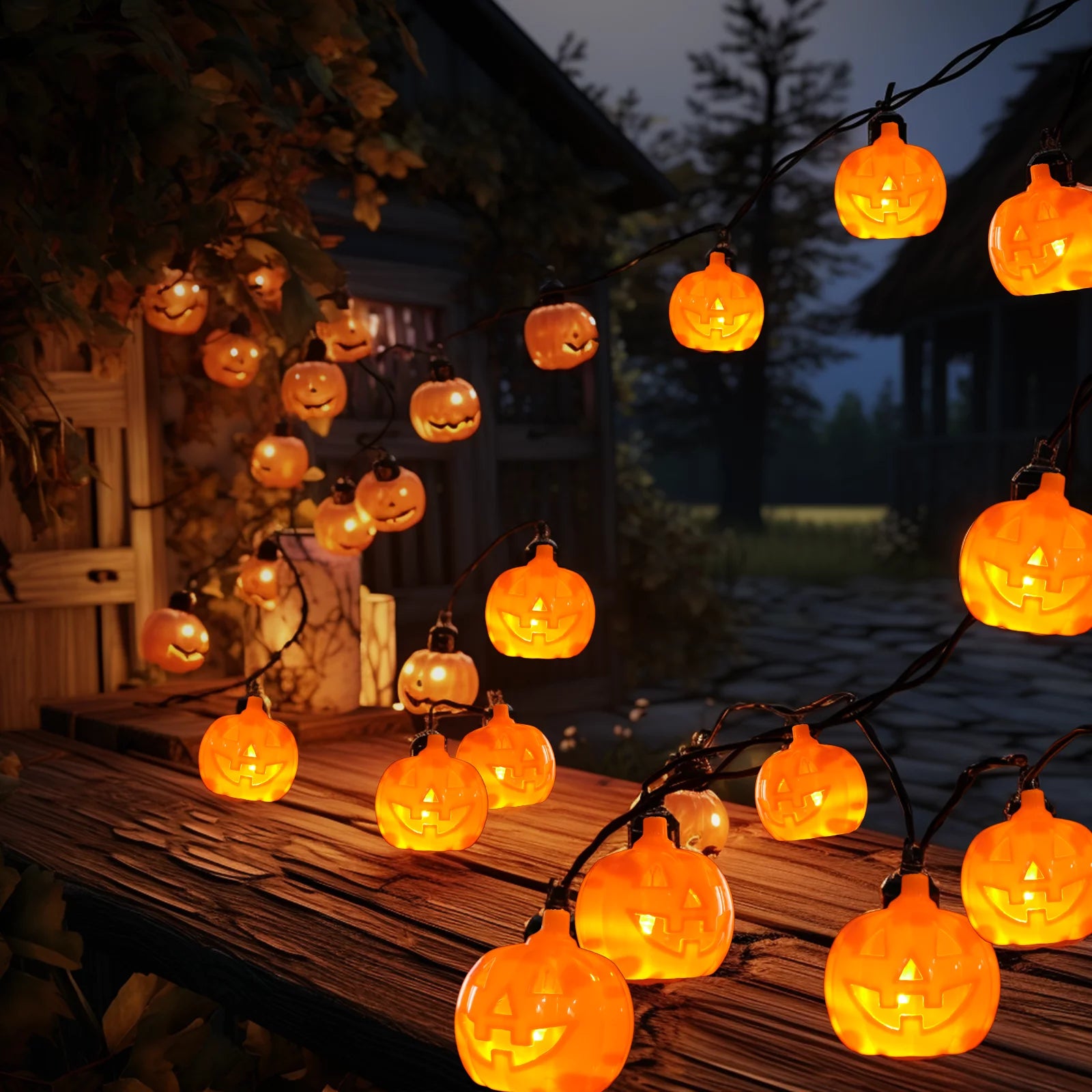 Halloween Pumpkin String Lights with Pumpkin Candy Bucket, 30 LED 16.4Ft, 8 Modes Timer Waterproof Orange Jack-O-Lantern, Outdoor and Indoor Halloween Decorations