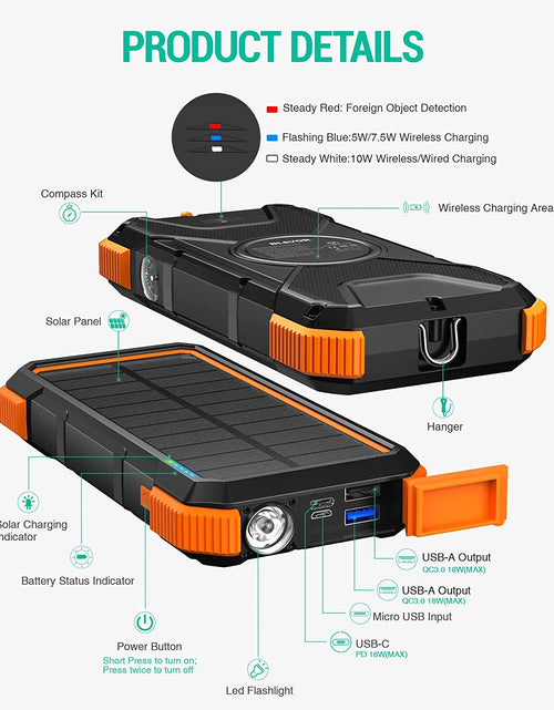 Load image into Gallery viewer, Solar Power Bank, 𝗣𝗗𝟭𝟴𝗪 𝐐𝐂𝟑.𝟎 Fast Charging 10W Wireless Charger 20000Mah Solar Powered Powerbank with Type C Input/Output, IPX5 Waterproof, Camping Flashlight, Compass, Carabiner
