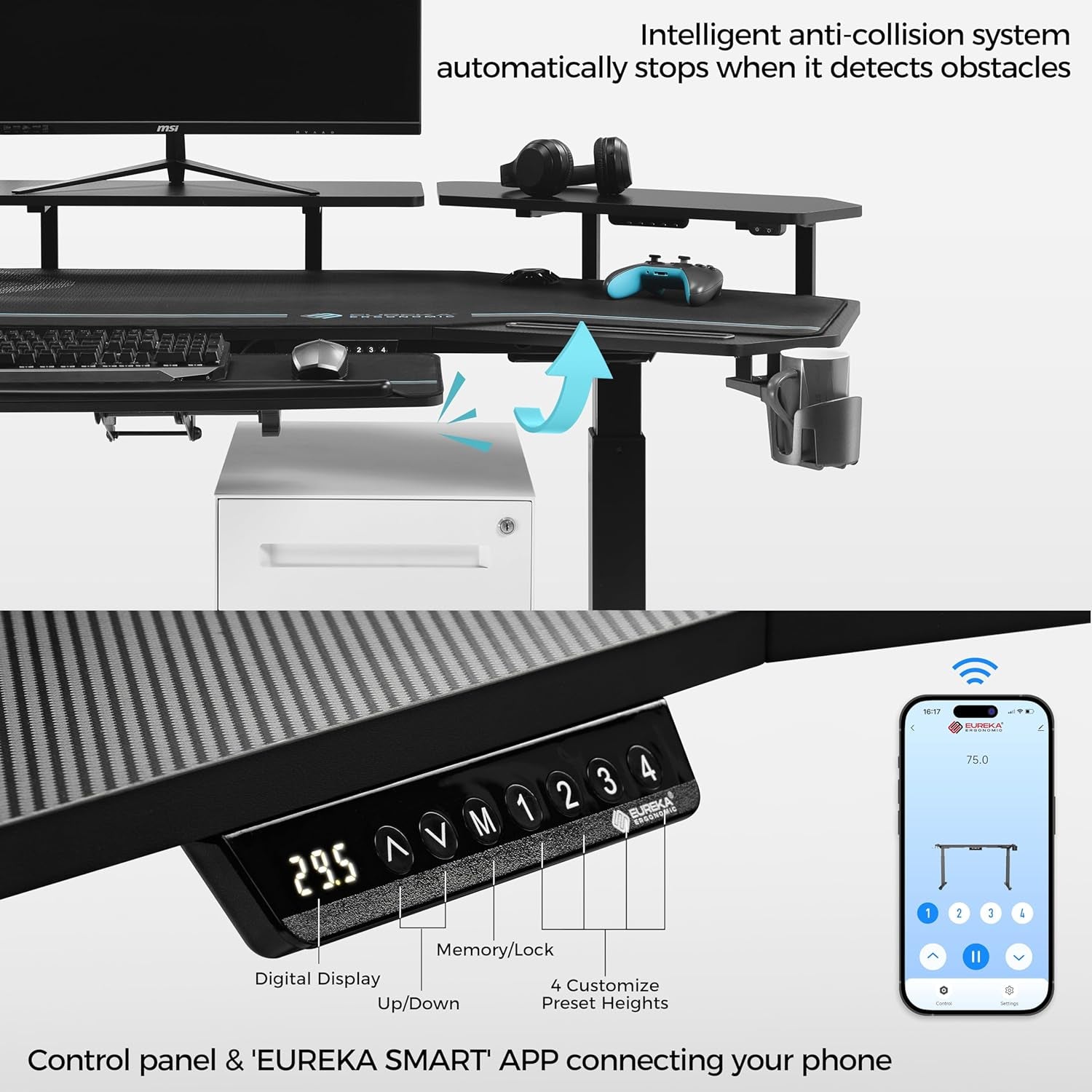 Gaming Desk, Standing Desk Keyboard Tray, 72" Wing Shaped Music Studio Desk Electric Adjustable Height Desk Sit Stand Desk with LED Shelves, Gaming Recording Live Stream, Slot Design