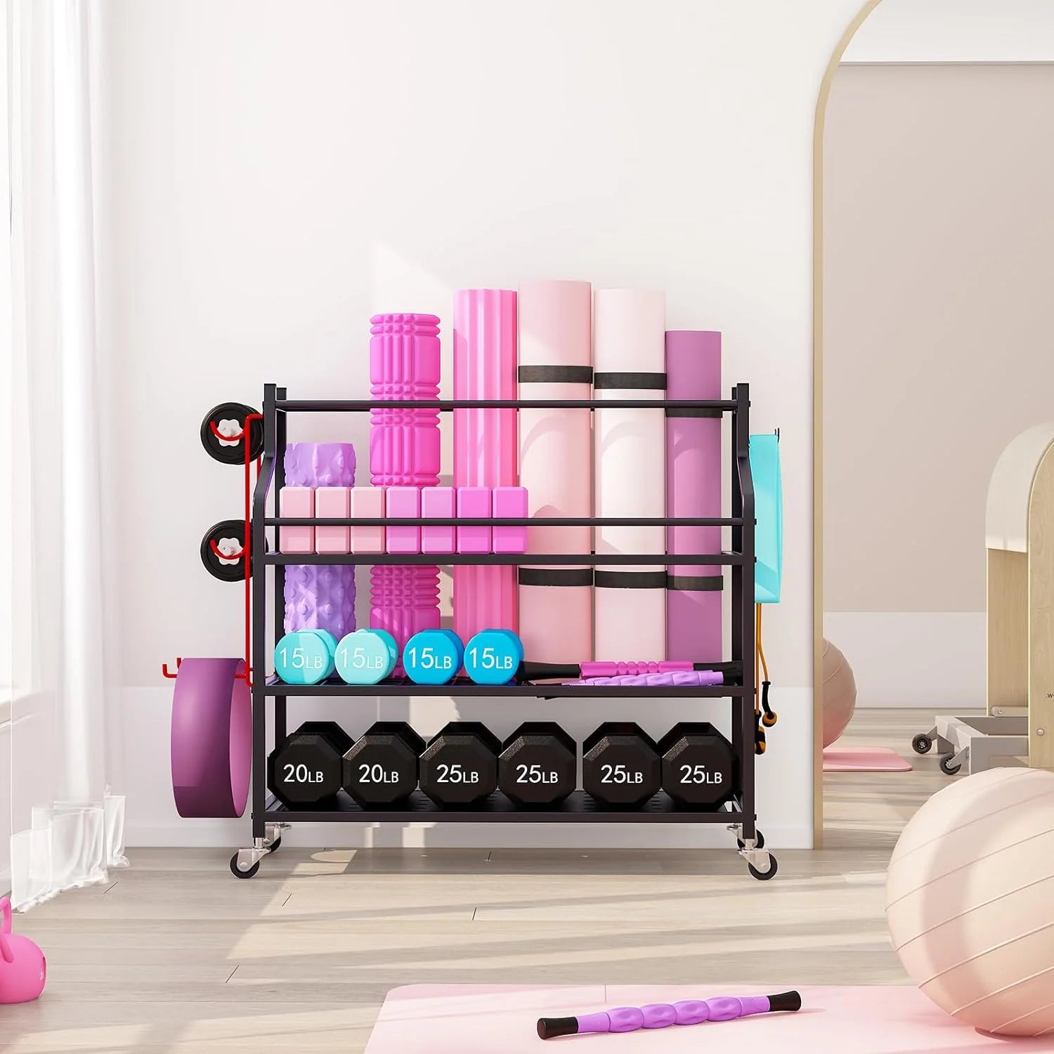 Dumbbells Rack Yoga Mat Storage Cart Multifunctional Removable Storage Rack for Kettlebells and Strength Training Fitness Equipment,Home Gym Organizer Storage for Home Exercise Equipment