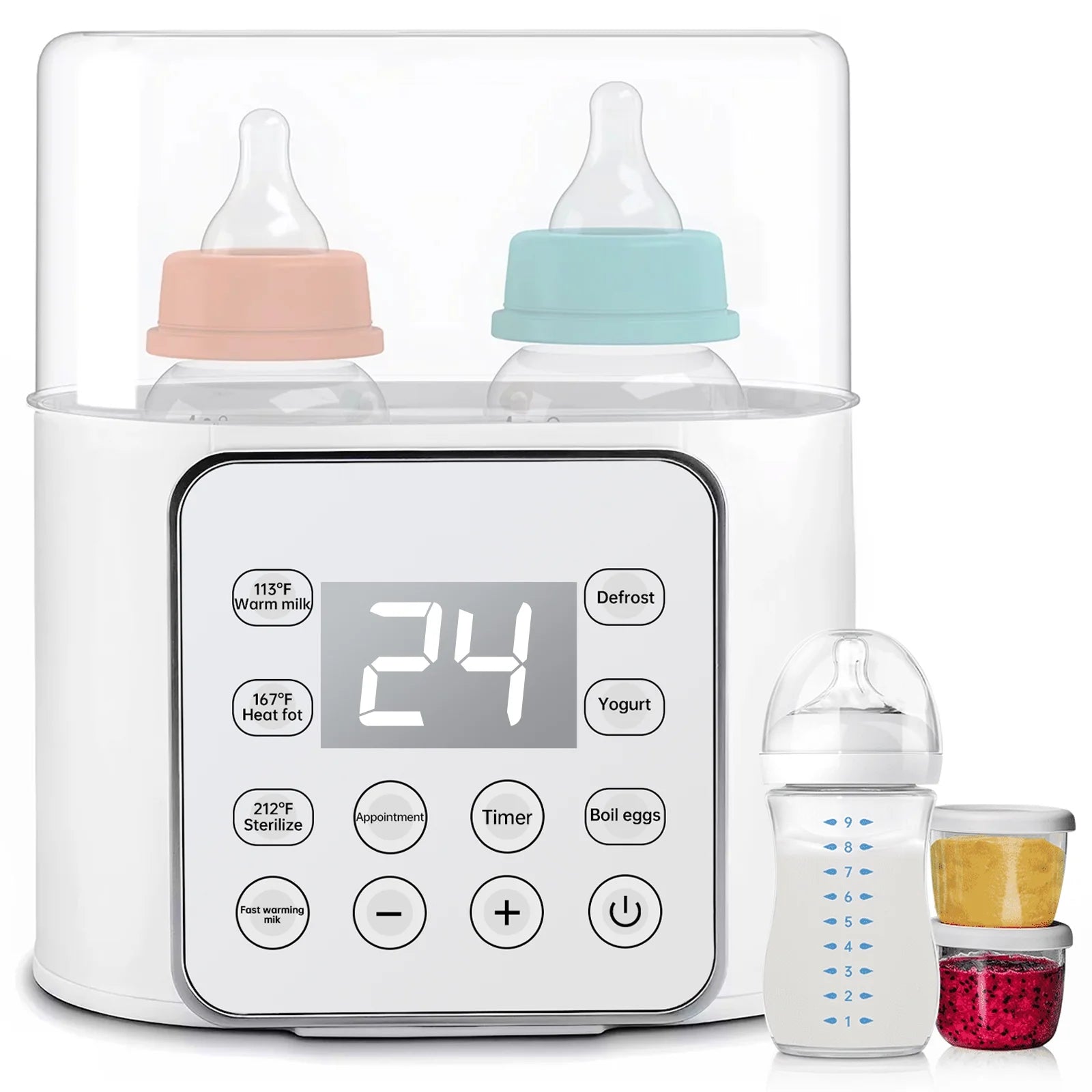 Baby , 9 in 1 Double Bottles Milk Warmer for Baby, Fast Food Heater & Defrost Warmer with Timer, LCD Display, Timer & 24H Temperature Control for Breastmilk & Formula