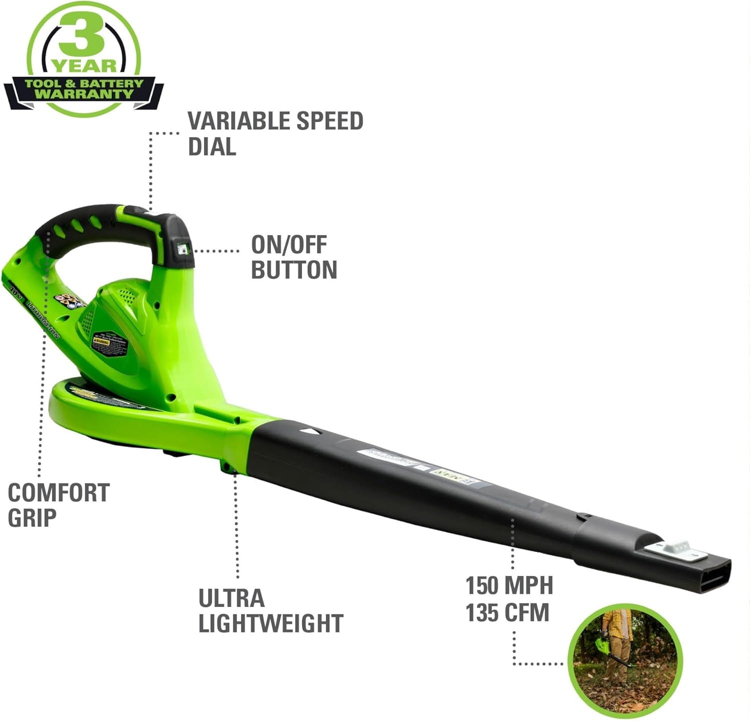 40V (150 MPH / 130 CFM / 75+ Compatible Tools) Cordless Leaf Blower, Tool Only