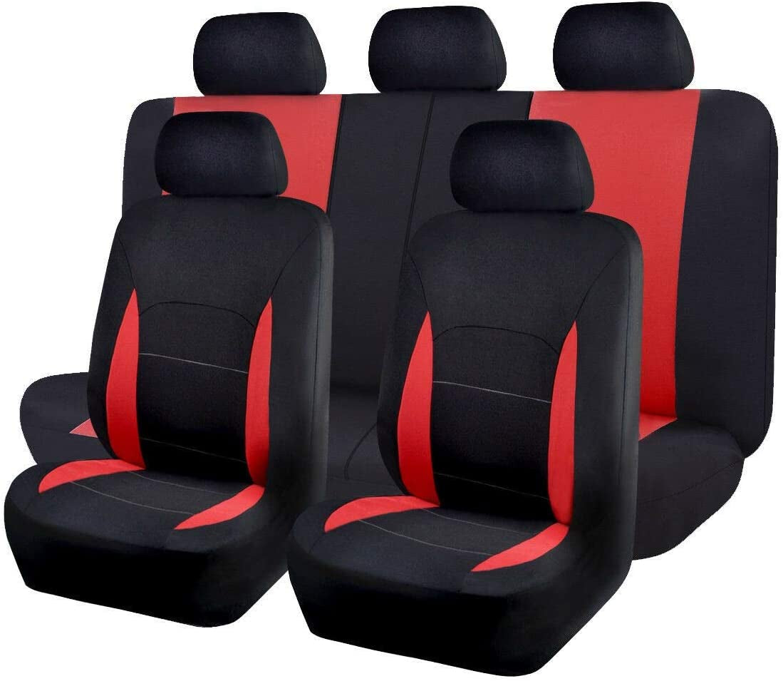 Car Seat Covers Full Set Front Seats and Rear Bench Polyester Car Seat Protectors Black Gray Purple Airbag Compatible Rear Bench Split (Black Red)