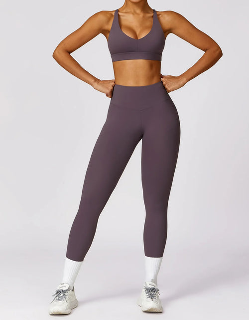 Load image into Gallery viewer, 2Pcs Fitness Set Women Breathable Gym Yoga Sport Sportswear Sexy Sport Bra Top High Waist Leggings Suit Purple Workout Tracksuit
