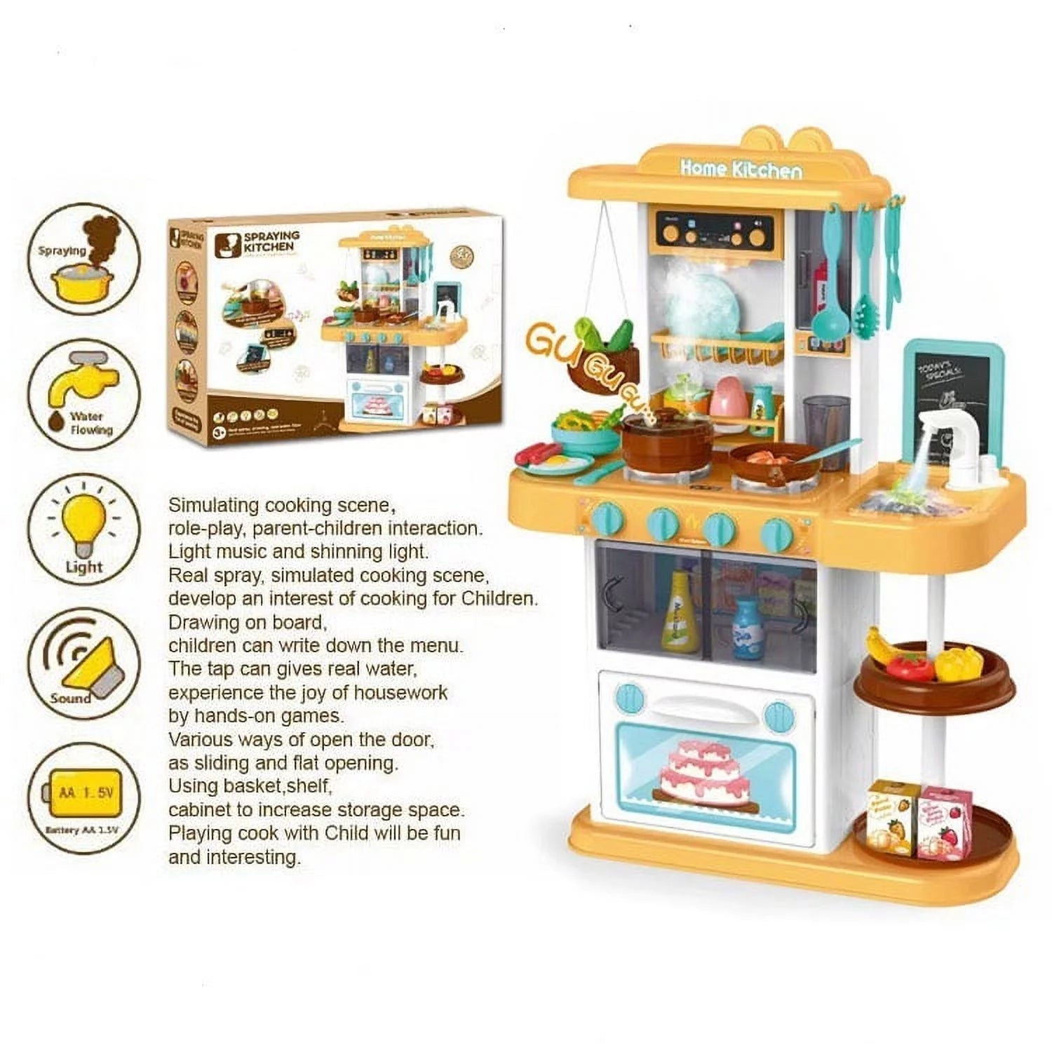 Kitchen Set for Kids Pretend Play Cook W/ Sound, Light, Real Spray, Drawing and Water Flow, 43 Piece Accessory Set.