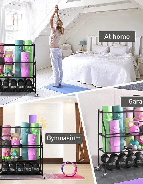 Load image into Gallery viewer, Dumbbells Rack Yoga Mat Storage Cart Multifunctional Removable Storage Rack for Kettlebells and Strength Training Fitness Equipment,Home Gym Organizer Storage for Home Exercise Equipment
