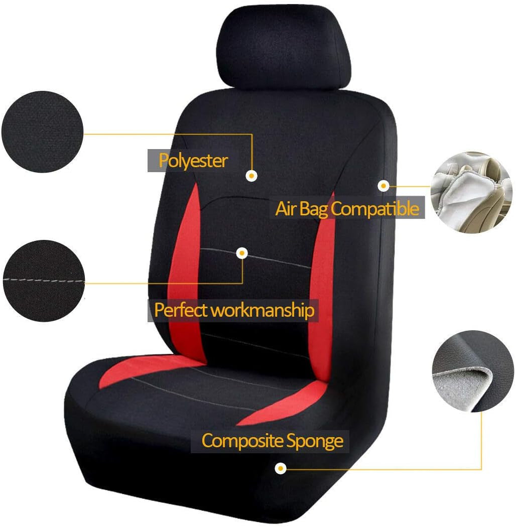 Car Seat Covers Full Set Front Seats and Rear Bench Polyester Car Seat Protectors Black Gray Purple Airbag Compatible Rear Bench Split (Black Red)