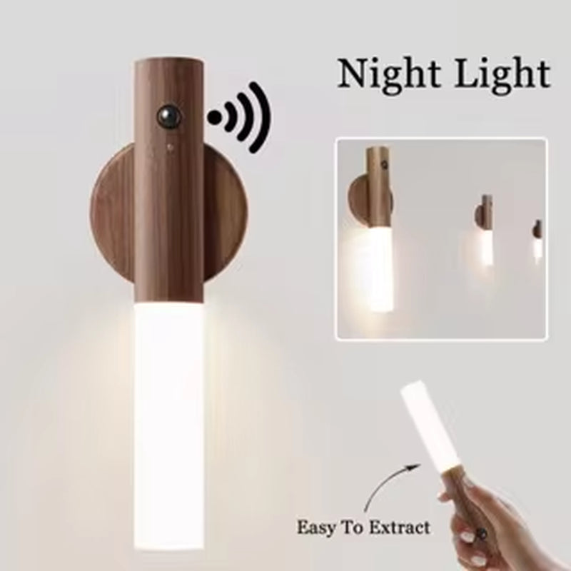 LED Wood USB Night Light Magnetic Wall Lamp Kitchen Cabinet Closet Light Home Staircase Bedroom Table Move Lamp Bedside Lighting